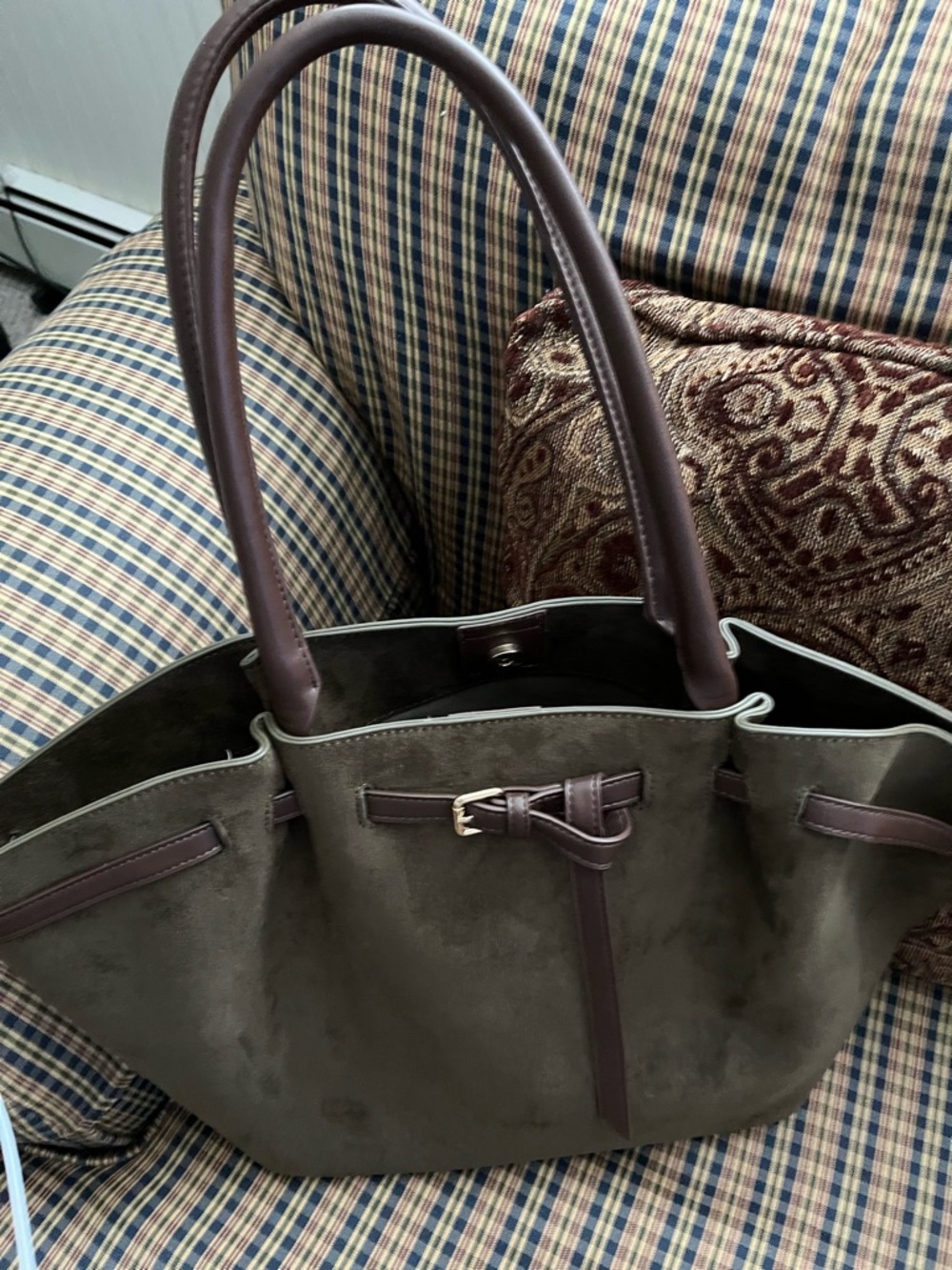 J. Crew Olive Taupe Tote with Dark Brown Trim